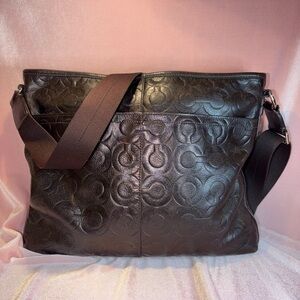 Authentic Vintage Coach Op Art Embossed Leather Messenger Bag Dark Brown